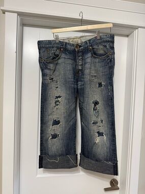Guess Distressed Cropped Button-Fly Jeans - Dark Wash